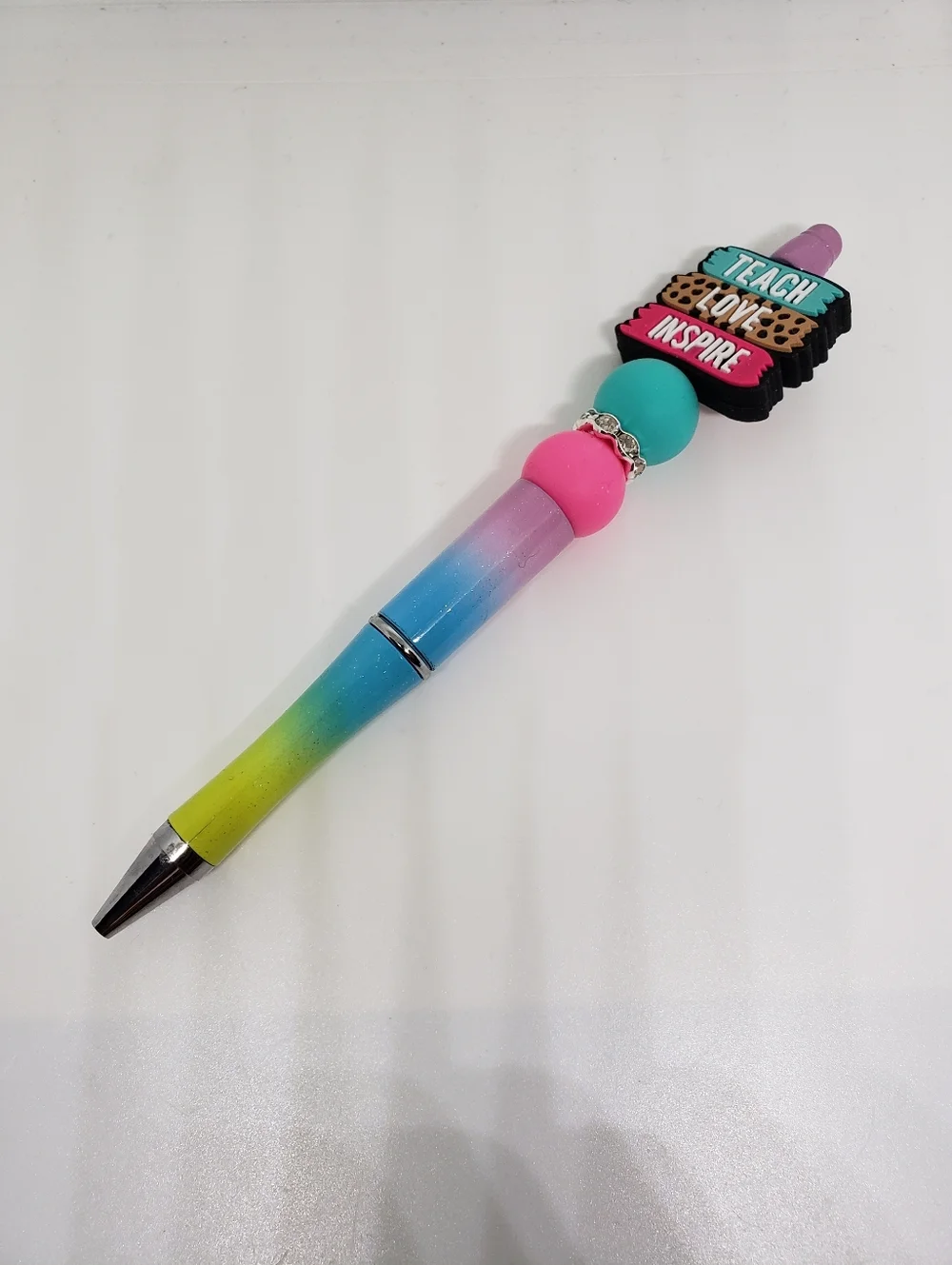 Handmade Rainbow Teach Love Inspire Teacher Beaded Silicone Focal Bead Pen